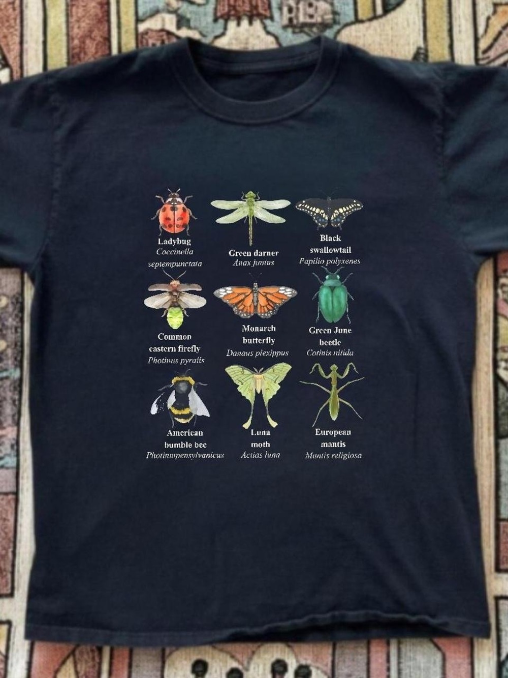 Gildan Navy Tee with Colorful Insect Field Guide Print